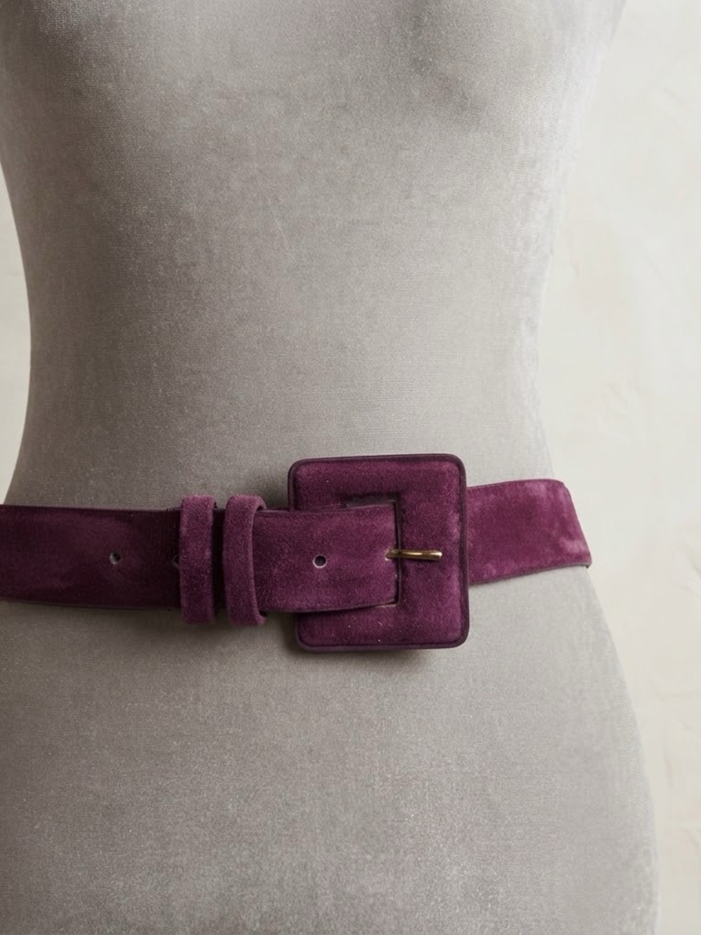 Wide Suede Belt with Square-Covered Buckle in Plum